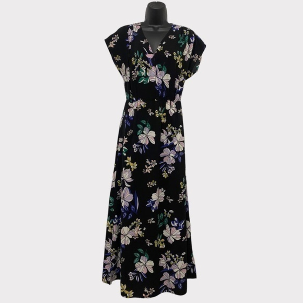 Halogen Black & Purple Floral Short Sleeve Midi Dress Size XS Petite